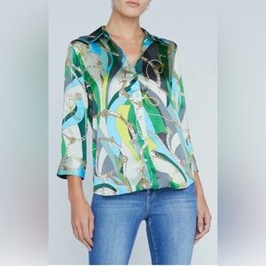 L’AGENCE Dani Silk Satin 3/4 Sleeve Blouse Sea Green Multi | Collared Button Top